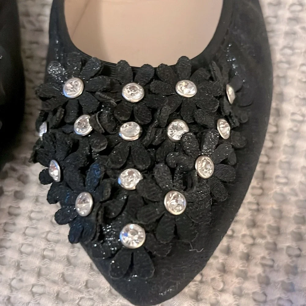 Pointy Black Rhinestone Crystal Embellished Faux Leather Floral Ballet Flats 39